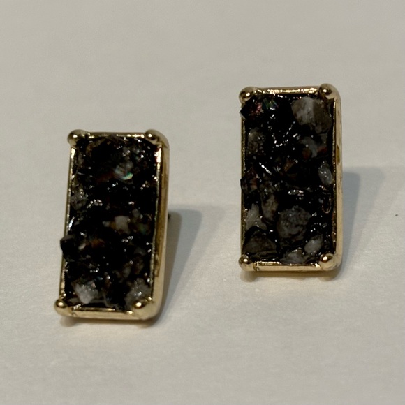 Natural Black Druzy Quartz Crystal Gold Plated Bar Stud Earrings 0.6" - Picture 2 of 9